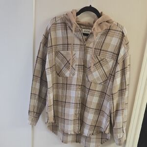 Plaid Hooded Sweatshirt - Tan and Brown